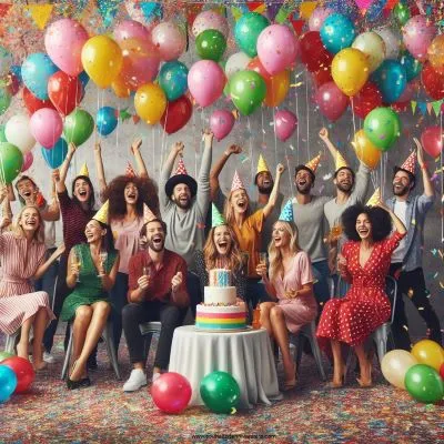 Eine lebhafte Partyszene mit Luftballons in verschiedenen Formen und Farben, Konfettiregen und einer bunt gemischten Gruppe lachender und feiernder Menschen mit Kuchenstücken und Partyhüten.