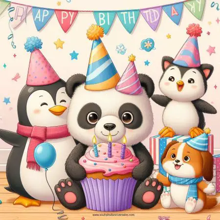 eine Szene mit niedlichen Tieren, die einen Geburtstag feiern, darunter Pinguine mit Partyhüten, ein knuddeliger Panda mit einem riesigen Muffin in der Hand und ein verspieltes Hündchen mit einem Geburtstagshalstuch