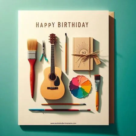 eine minimalistische Geburtstagskarte mit einem einzelnen, schönen Gegenstand, der die Persönlichkeit oder die Interessen des Geburtstagskindes repräsentiert, z. B. eine abgenutzte Gitarre für einen Musikliebhaber, ein Reisetagebuch für einen Entdecker oder ein in leuchtende Farben getauchter Pinsel für einen Künstler