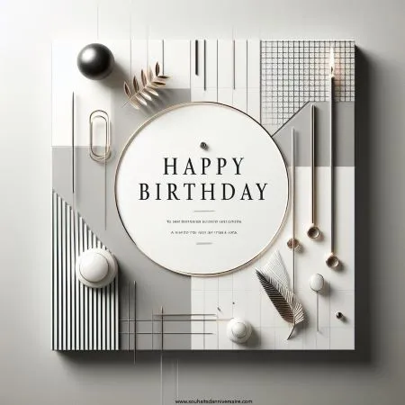 schlankes und modernes Geburtstagsbild mit klaren Linien, minimalistischer Ästhetik, monochromem Farbschema, subtilen geometrischen Mustern, metallischen Akzenten und einem einfachen, herzlichen Geburtstagswunsch in minimalistischer Schrift
