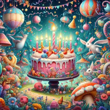 eine skurrile Wunderland-Szene mit leuchtenden Farben, verspielten Elementen, einem schwebenden Kuchen mit brennenden Kerzen, wirbelndem Konfetti und fantastischen Kreaturen, die einen Geburtstag feiern