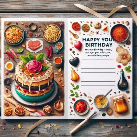 eine Geburtstagskarte, die wie ein Gourmet-Food-Blog aussieht, mit hochwertigen Fotos von köstlichen Gerichten oder farbenfrohen Gewürzen, einschließlich eines Rezeptkarten-Pop-ups mit einem leeren Feld für ein persönliches Geburtstagsrezept und einer Nachricht, die die Liebe zum Essen feiert und einen Geburtstag voller kulinarischer Köstlichkeiten und neuer Geschmacksentdeckungen wünscht