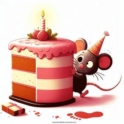 eine verspielte Illustration einer Geburtstagstorte, bei der ein Stück fehlt, mit einem winzigen Fußabdruck daneben und einer schelmisch aussehenden Maus, die einen Partyhut trägt und hinter der Torte hervorschaut