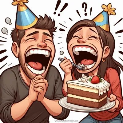 Eine Karikatur von zwei Freunden, die hysterisch zusammen lachen. Der eine trägt einen schief sitzenden Geburtstagshut auf dem Kopf, der andere hält ein Stück Torte in der Hand, aus dem ein riesiger Bissen herausgenommen wurde.