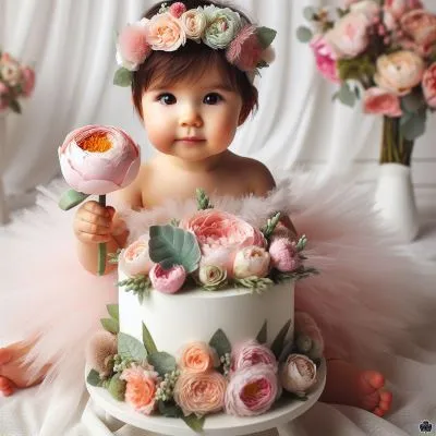 ein einjähriges Mädchen in einer weichen, blumigen Szene mit weißem Laken im Hintergrund, bunten pastellfarbenen Blumen um den Sockel herum, einem kleinen einstöckigen Kuchen, der mit frischen Blumen verziert ist, das Mädchen trägt ein flauschiges Tutu oder ein blumiges Stirnband und hält eine große Blumenknospe wie eine Rose oder Pfingstrose