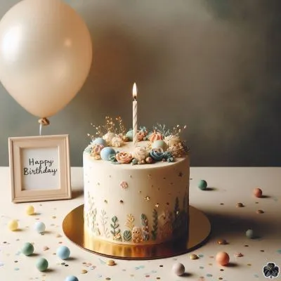 der erste Geburtstag eines Kindes mit einem einfachen, neutralen Hintergrund, einer kleinen, schön dekorierten Torte und einer einzigen brennenden Kerze,