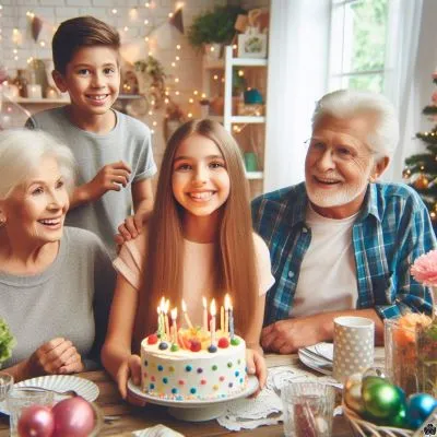 Ein 11-jähriges Mädchen und ein Junge feiern ihren Geburtstag mit ihren Großeltern. Die Szene zeigt eine festliche Atmosphäre mit Dekorationen, einem Geburtstagskuchen und freudigen Gesichtern.
