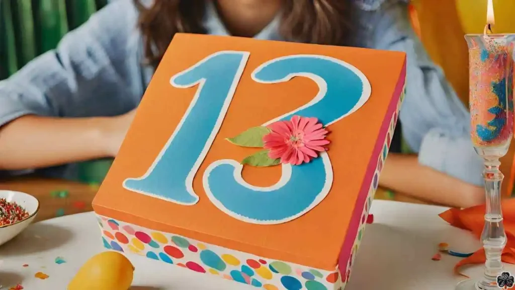 Ein Teenager sitzt an einem Tisch mit einer Torte zum 13.