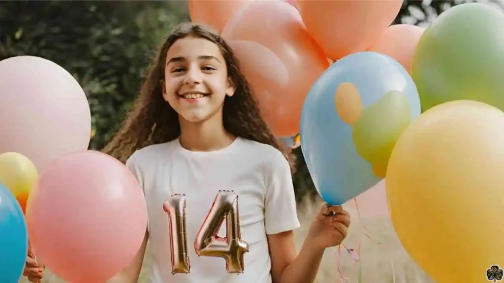 ein 14-jähriges Mädchen hält ein Bündel bunter Luftballons zum 14.