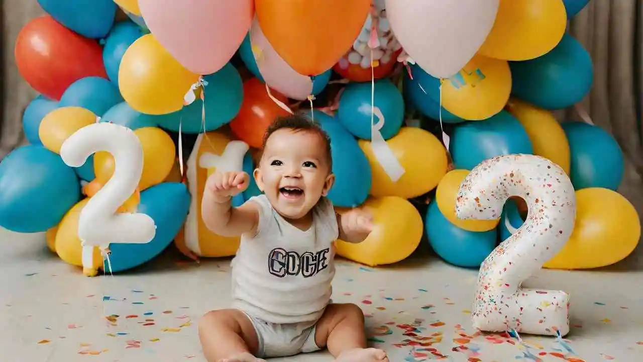 Zweiter Geburtstag: Buntes Bild mit der Zahl '2', Luftballons und Konfetti.