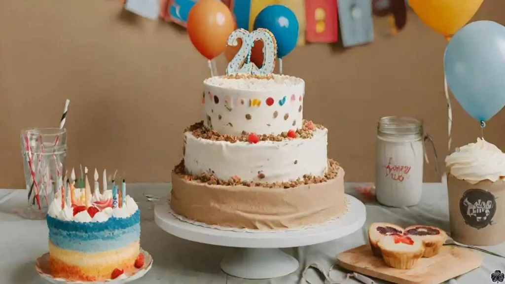 20. Geburtstagstorte, Cupcakes und Luftballons auf einem Tisch