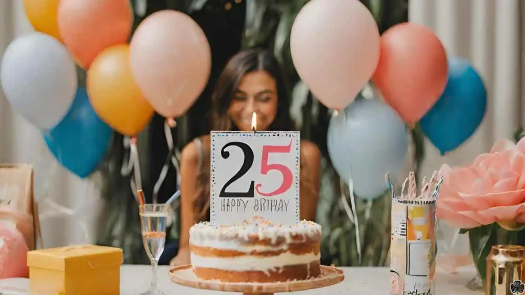 Eine Person sitzt an einem Tisch mit Luftballons und einer Torte zum 25. Geburtstag