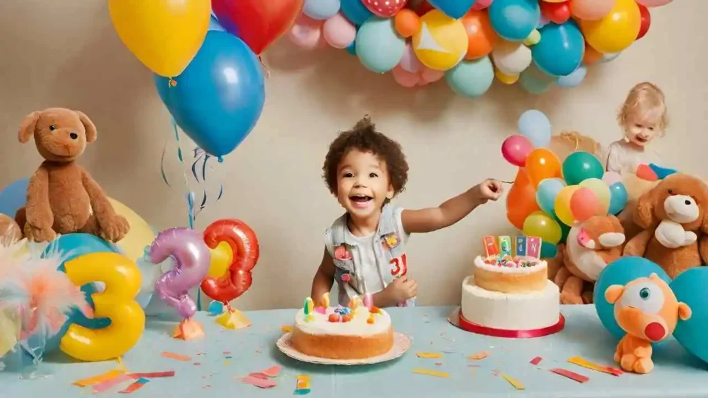 Dritter Geburtstag: Frohes Bild mit der Zahl '3', Spielzeug, Luftballons und einem großen Kuchen.