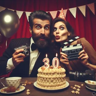 Ein lustiges filmisches Bild eines Mannes, der seinen 30. Geburtstag mit seiner Frau feiert