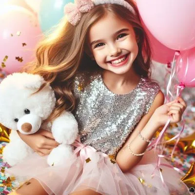 Ein strahlend lächelndes Mädchen, umgeben von Luftballons und Konfetti, das ein glitzerndes Kleid trägt und ein Stofftier in der Hand hält