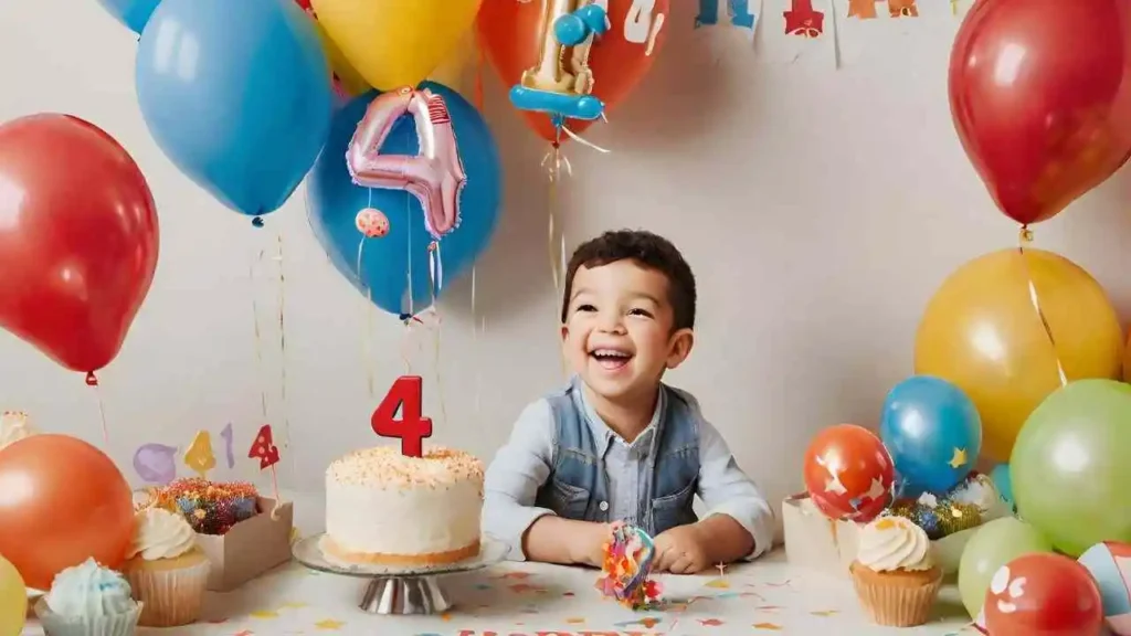 Vierter Geburtstag: Frohe '4' umgeben von Spielzeug, Cupcakes und Luftballons.