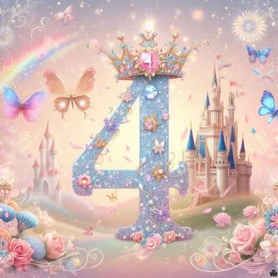 ein zauberhaftes Bild für eine Prinzessin, die vier Jahre alt wird, mit einer schillernden '4', die mit glitzernden Juwelen verziert ist, umgeben von flatternden Schmetterlingen, Märchenschlössern und einem Regenbogen in Pastelltönen