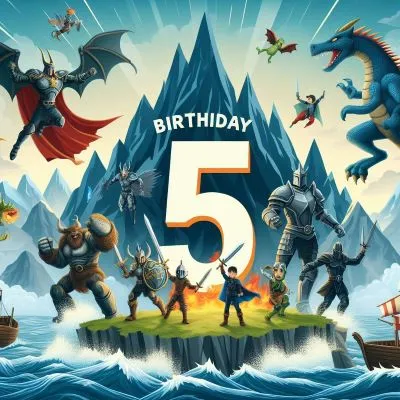 Eine dynamische Szene für den 5. Geburtstag eines Jungen mit einer fetten "5" vor einem Hintergrund aus hohen Bergen oder tosender See, mit mutigen Rittern, wilden Drachen und mächtigen Superhelden um ihn herum.