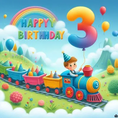 Ein Bild zum 3. Geburtstag für einen Jungen, der mit einer bunten Spielzeugeisenbahn durch eine skurrile Landschaft fährt, mit der Zahl "3" auf der Lokomotive des Zuges
