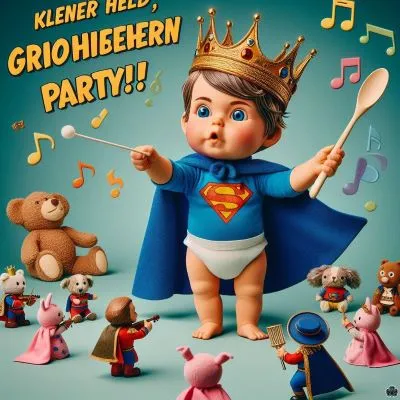 Eine witzige Szene mit einem kleinen Zweijährigen in einem Superheldenumhang und einer Krone, der ein "musikalisches Spielzeug"-Spiel mit Stofftieren und Puppen anführt und dabei einen Plastiklöffel als Dirigentenstab benutzt, mit den Sätzen "Kleiner Held, große Party!" und "Zwei Jahre voller Abenteuer!