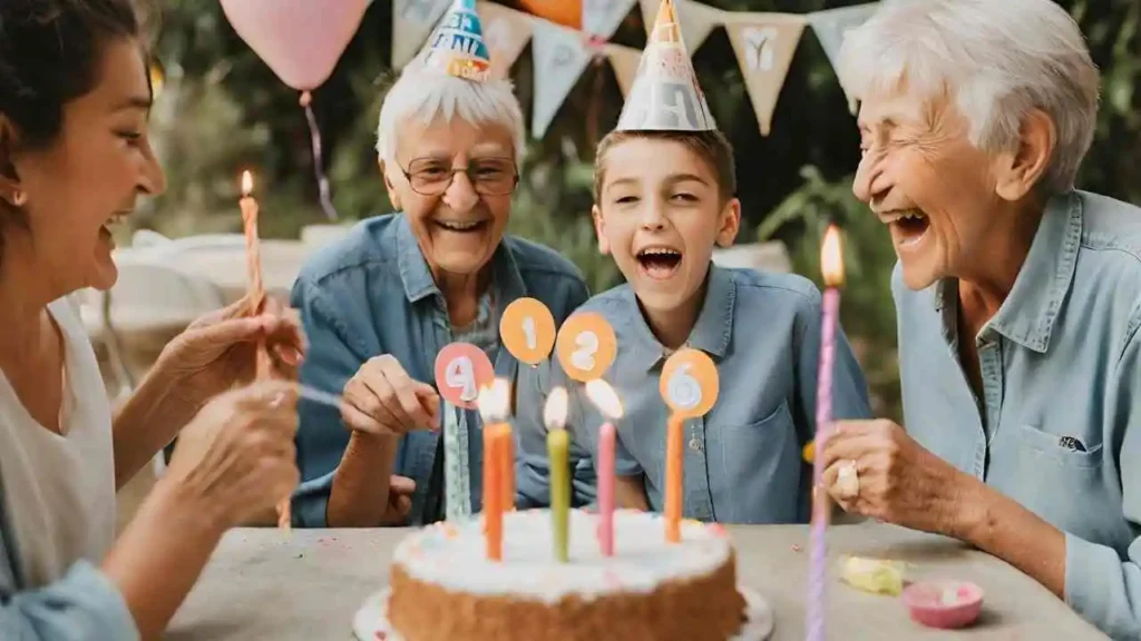 Geburtstagsfeier für 12-Jährige mit Großeltern und Mutter, mit Geburtstagsmützen und Kuchen