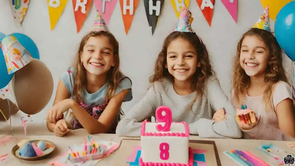 drei Personen, die auf einer 9. Geburtstagsparty in die Kamera lächeln