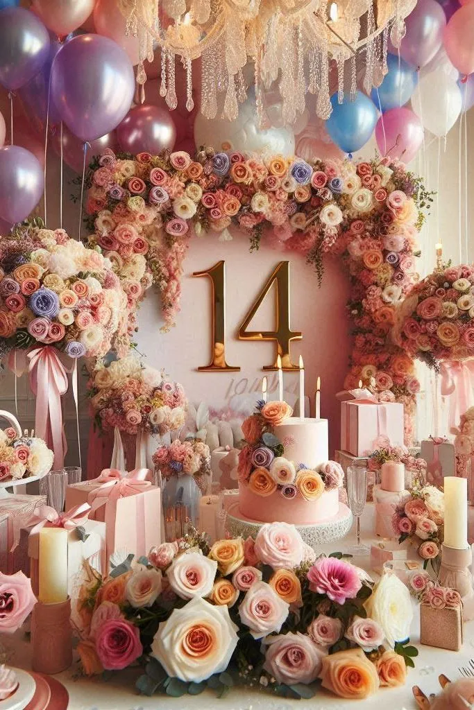 Eine lebhafte Szene einer 14. Geburtstagsfeier, wunderschön dekoriert mit einer Reihe von bunten Luftballons und zarten Blumen.