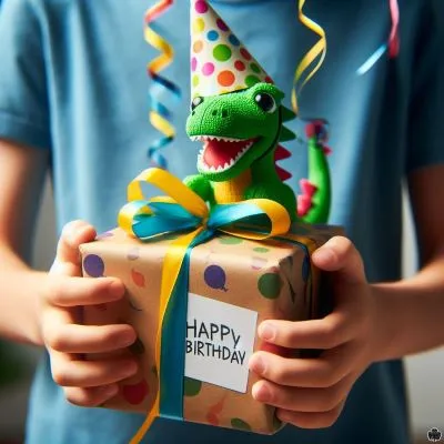 Nahaufnahme der Hände eines Jungen, der aufgeregt ein eingepacktes Geburtstagsgeschenk mit bunten Bändern und einer verspielten Dinosaurier- oder Roboterfigur hält, die von hinten herausschaut
