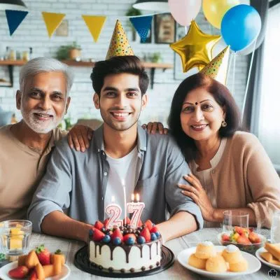 ein 27-jähriger Sohn, der mit seinen Eltern seinen 27. Geburtstag feiert