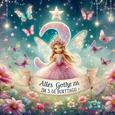 Ein Bild zum 3. Geburtstag für ein Mädchen als Märchenprinzessin, umgeben von Schmetterlingen und Sternen, mit der am Himmel funkelnden Zahl "3" und einem Banner mit der Aufschrift "Alles Gute zum 3. Geburtstag'.