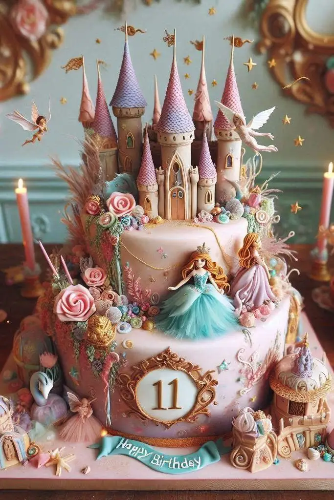 Eine Torte zum 11. Geburtstag, verziert mit skurrilen Märchenelementen, mit magischen Kreaturen, einem großen Schloss und funkelnden Sternen.