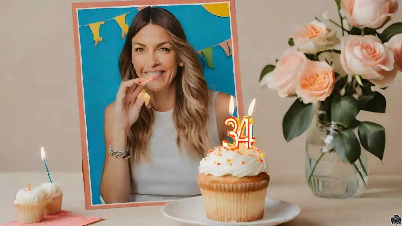 34. Geburtstag mit einem Cupcake auf einem Tisch neben einem Blumenstrauß