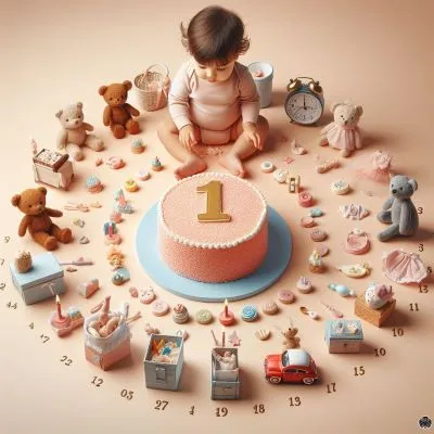 der erste Geburtstag eines Kindes mit einer kleinen Torte, die mit der Zahl "1" verziert ist, mit Gegenständen aus jedem Lebensmonat des Kindes, die chronologisch um die Torte herum angeordnet sind, und mit der Interaktion des Kindes mit der Torte