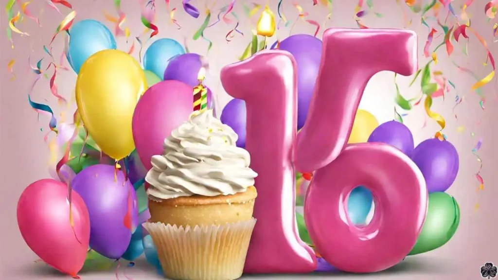 ein Cupcake mit einer Kerze und der Zahl 16 ist umgeben von Ballons und Konfetti auf einem rosa Hintergrund
