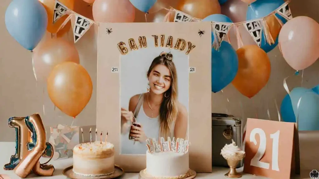 Kuchen zum 21. Geburtstag, Luftballons und ein Bilderrahmen auf einem Tisch