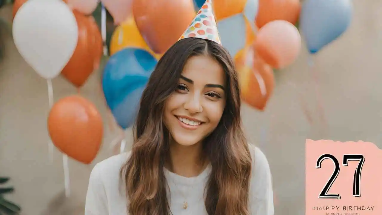 Alles Gute zum 27. Geburtstag - Mädchen wird 27 mit Geburtstagsballons