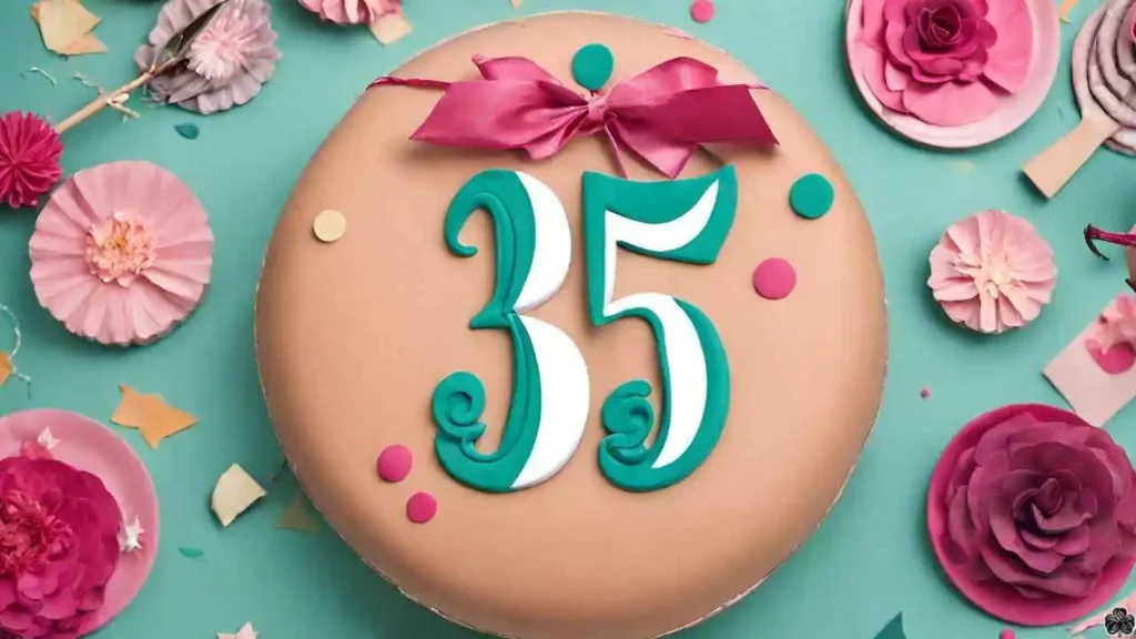 Kuchen zum 35. Geburtstag mit der Zahl 35, umgeben von Blumen