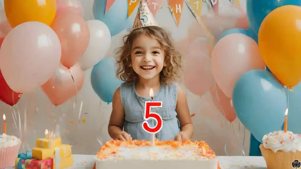 5. Geburtstag - ein kleines Mädchen sitzt vor einer Geburtstagstorte mit der Zahl fünf darauf