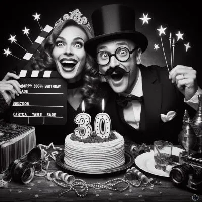 Eine lustige filmische 30. Geburtstag Bild von einer Frau mit ihrem Mann zu feiern