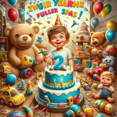 Eine skurrile Szene mit einem schelmischen Zweijährigen, umgeben von übergroßen Spielzeugen und einem Kuchen, mit den Untertiteln "Zwei Jahre voller Spaß!" und "Kleiner Wirbelwind wird 2!
