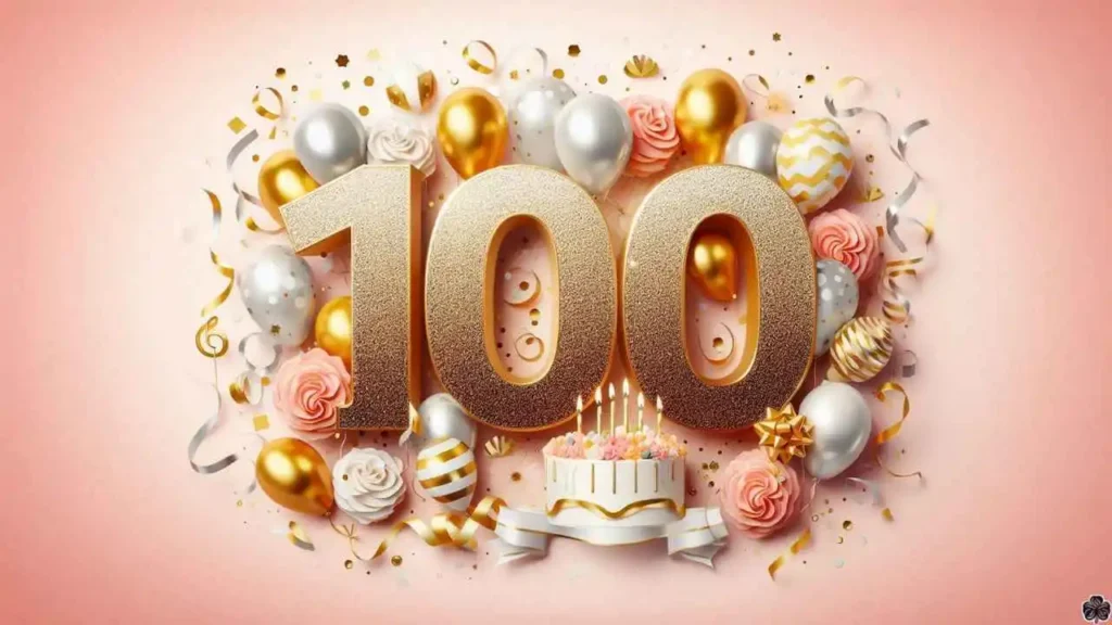 Eine attraktive und kreative 100. Geburtstag Bild mit der Zahl 100, fröhlich und feierlich Farbpalette, Luftballons, Konfetti, Luftschlangen, elegant