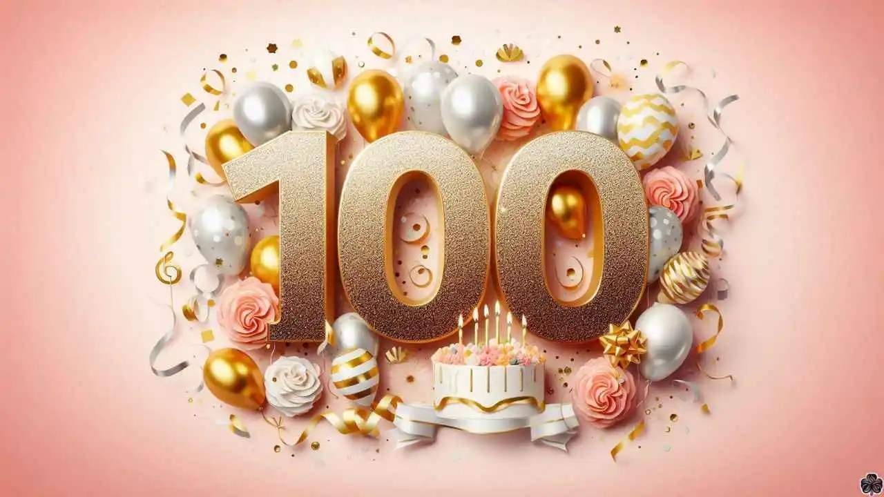 Eine attraktive und kreative 100. Geburtstag Bild mit der Zahl 100, fröhlich und feierlich Farbpalette, Luftballons, Konfetti, Luftschlangen, elegant