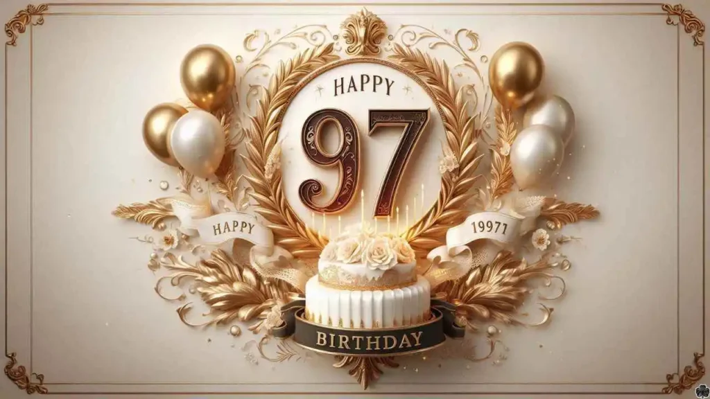 Ein würdiges und feierliches Bild zum 97. Geburtstag mit der Zahl "97" in einer raffinierten, klassischen Schrift in Gold oder tiefem Burgunderrot,