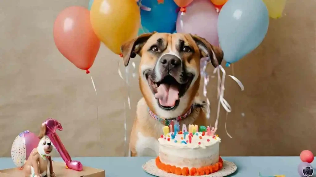 Ein lustiger Hund sitzt vor einer Torte mit Luftballons zum 52. Geburtstag