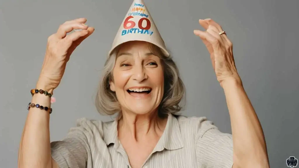 60 Jahre alte Frau, die ihren 60. Geburtstag feiert und eine Geburtstagskappe mit der Nummer 60 trägt.