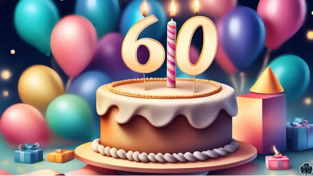 Niveauvoll 60. Geburtstag einer mit Geburtstagstorte und Luftballons