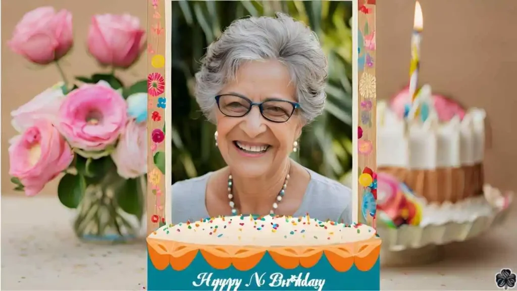 Herzlichen Glückwunsch zum 66. Geburtstag - eine 66 Jahre alte Frau im Geburtstagsrahmen mit Kuchen und Roseneimern