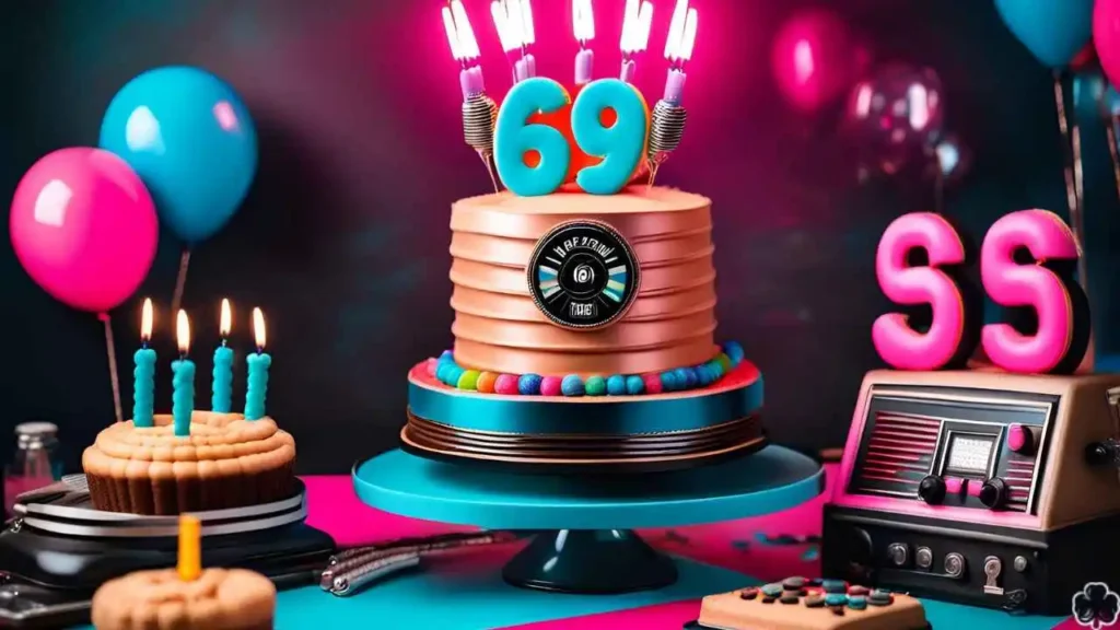 Verspieltes Bild einer Torte zum 69. Geburtstag mit der Zahl 69 darauf
