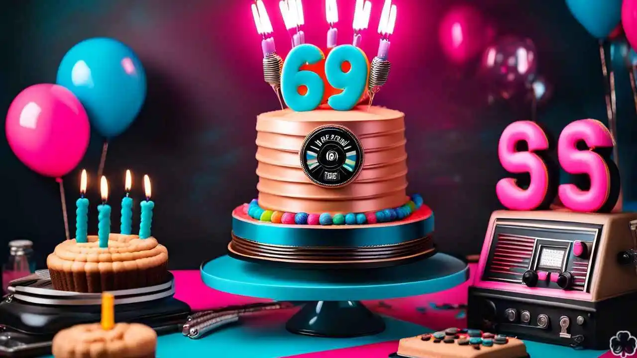 Verspieltes Bild einer Torte zum 69. Geburtstag mit der Zahl 69 darauf