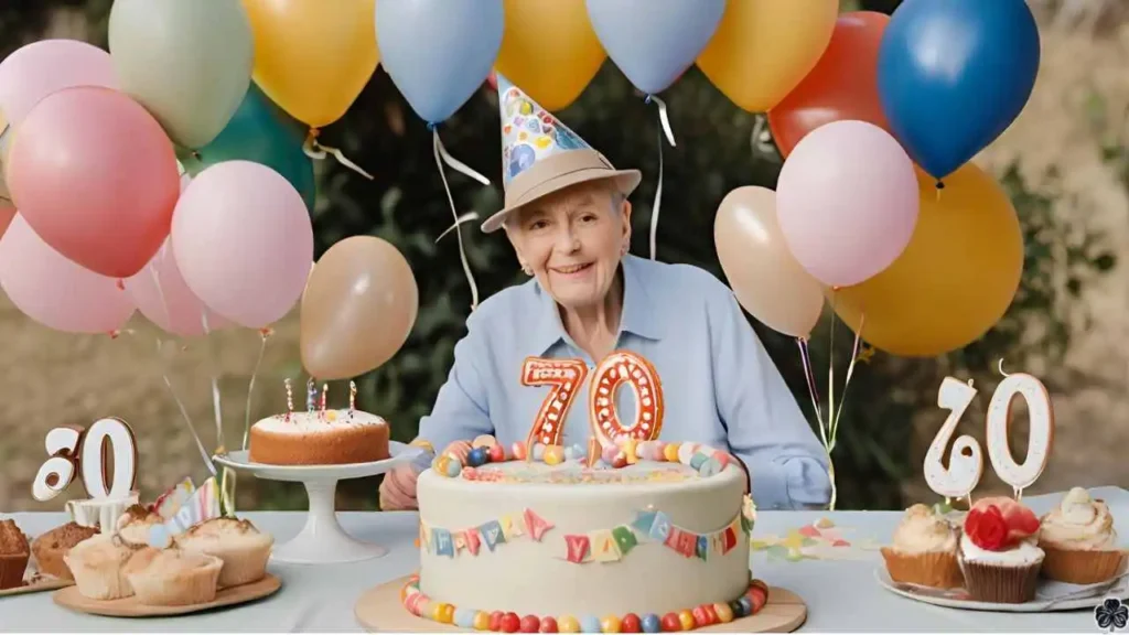 Ein 70-Jähriger, der seinen 70. Geburtstag feiert, trägt eine Geburtstagskappe und feiert mit Kuchen und Luftballons